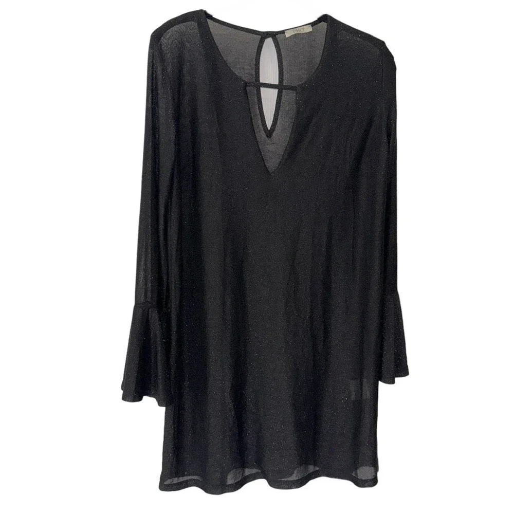 PHO Long Bell Sleeves Sheer Peep Hole Back‎ Midi Swimsuit Cover-Up Dress